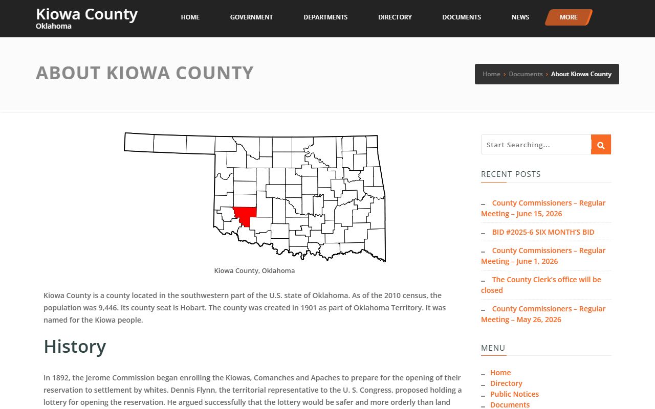 Kiowa County history page tied to Court Clerk court records in Hobart