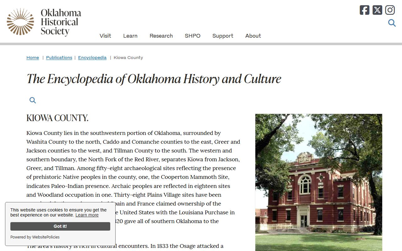 Oklahoma Historical Society page on Kiowa County supporting Court Clerk court records research
