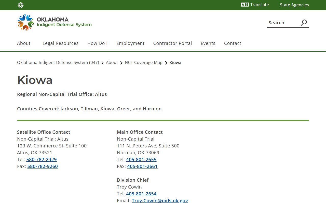 Oklahoma Indigent Defense System Kiowa County coverage for arrest charge records