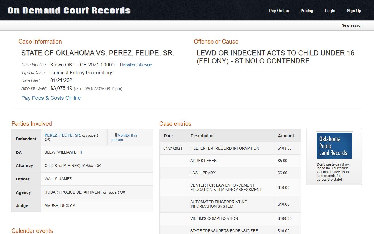 Kiowa County court dockets sample felony case detail page
