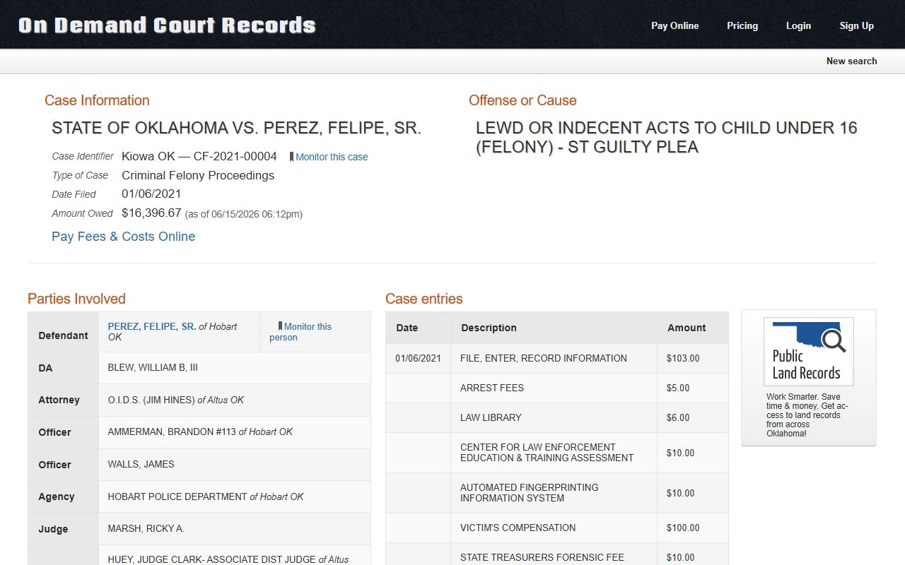 Kiowa County court dockets second sample case with disposition entries
