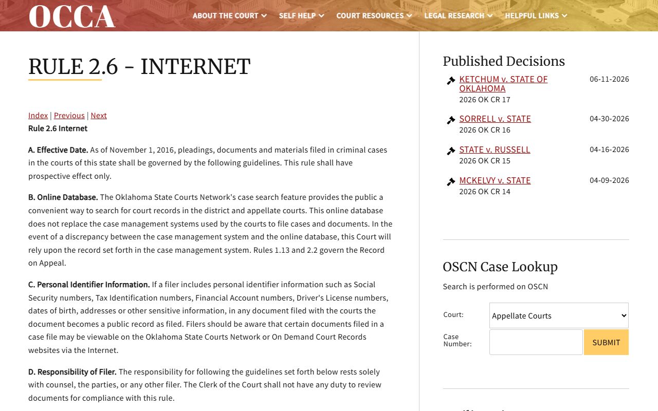 Oklahoma Court of Criminal Appeals Rule 2.6 page governing Kiowa County court records online