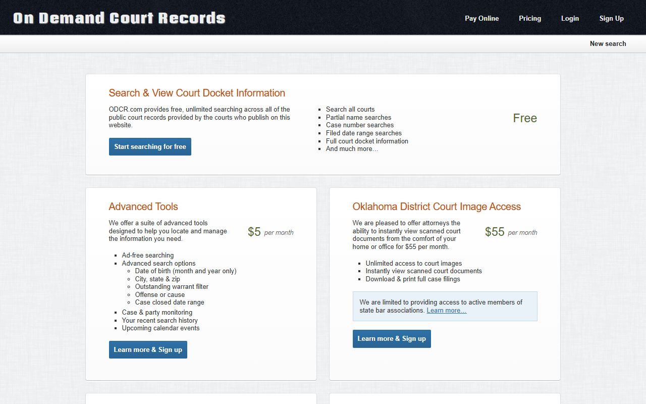 ODCR pricing page for Kiowa County court records and scanned District Court images