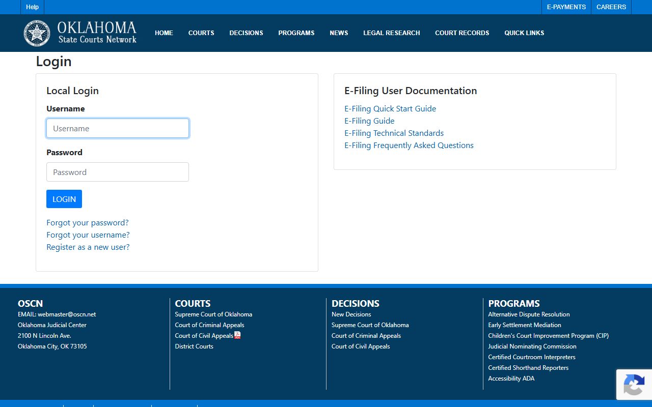 Oklahoma e-filing portal used for Kiowa County court records and District Court case filings