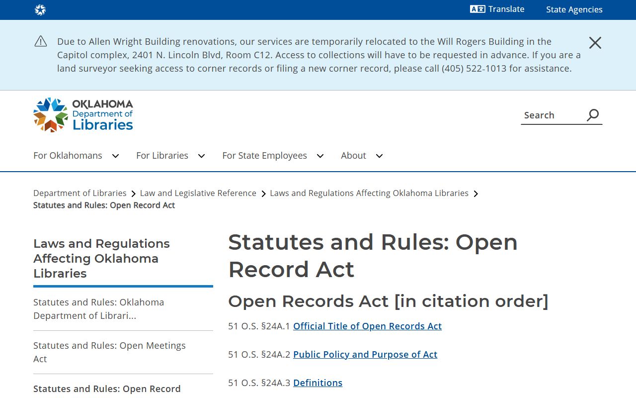 Oklahoma Open Records Act page covering public access to Kiowa County court records