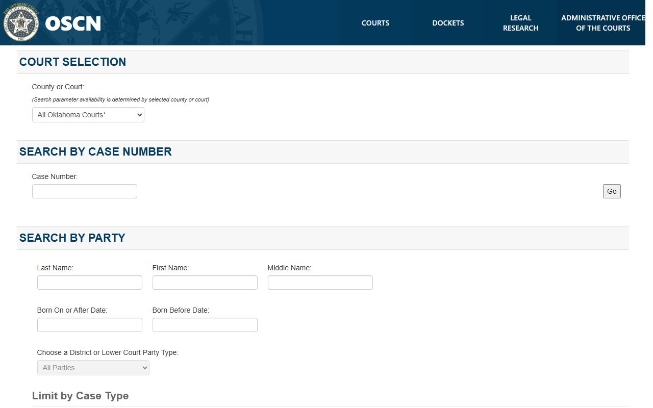 Kiowa County court records search on the OSCN docket lookup screen