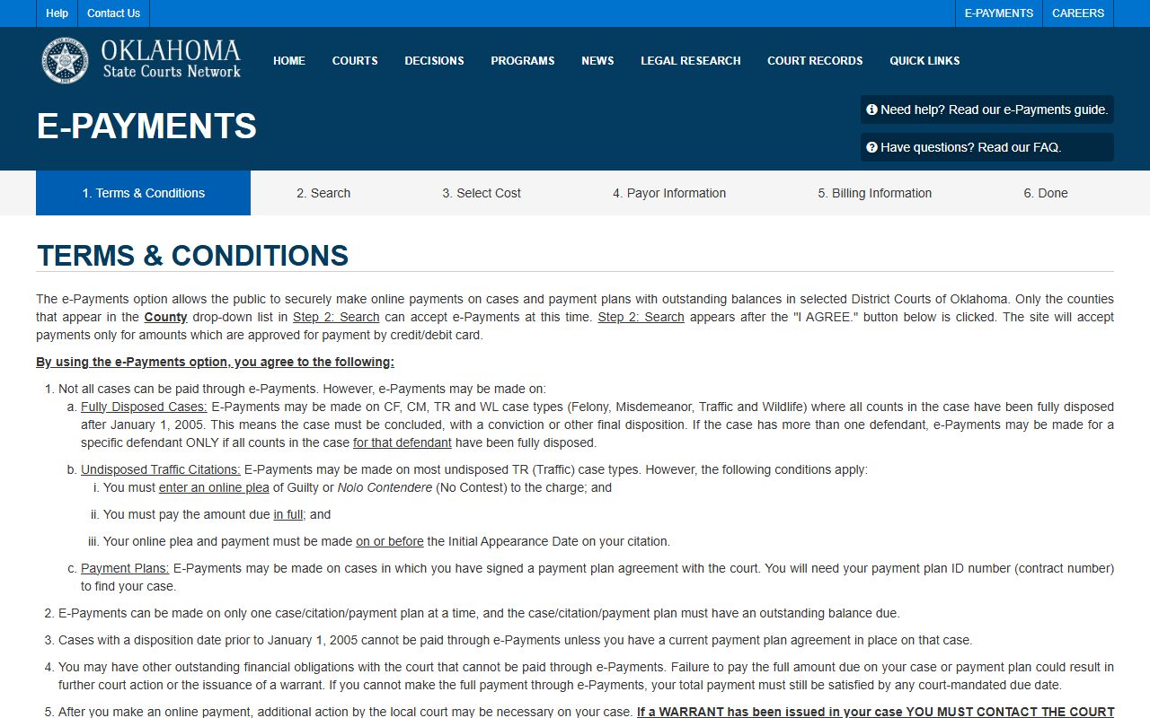 OSCN e-payments page for paying Kiowa County court records fines and costs