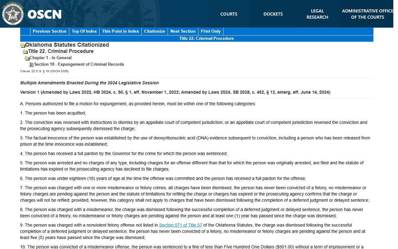 Kiowa County criminal court records expungement eligibility under Oklahoma statute 22 O.S. 18