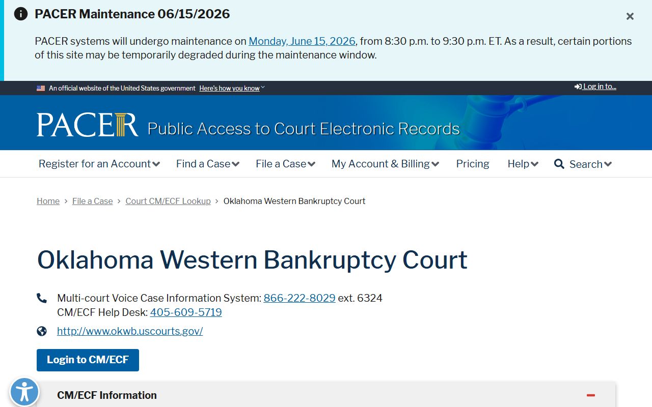 Kiowa County PACER bankruptcy court lookup for the Western District of Oklahoma
