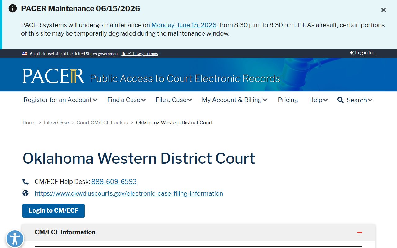 Kiowa County PACER court lookup for the Western District of Oklahoma district court