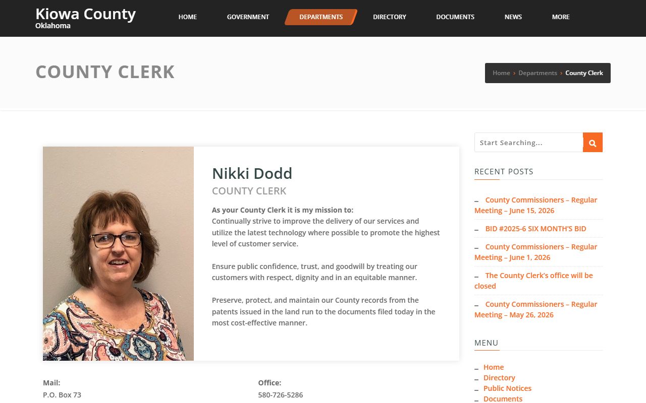 Kiowa County Clerk page for land records and recording fees