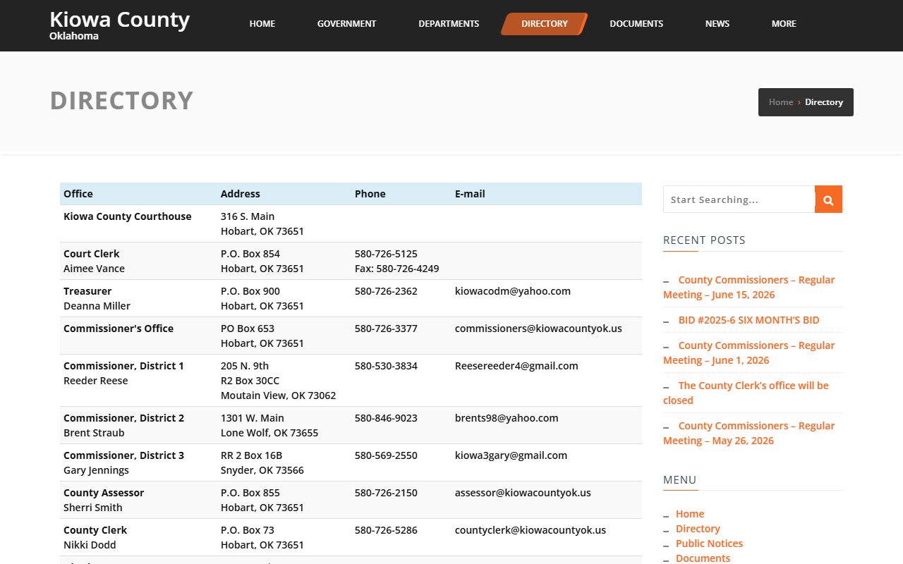 Kiowa County office directory for court records and contacts
