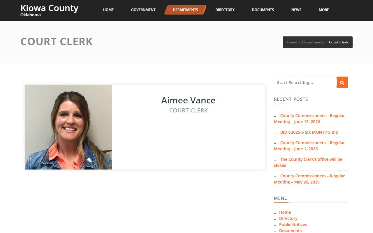 Kiowa County Court Clerk page for marriage and divorce records