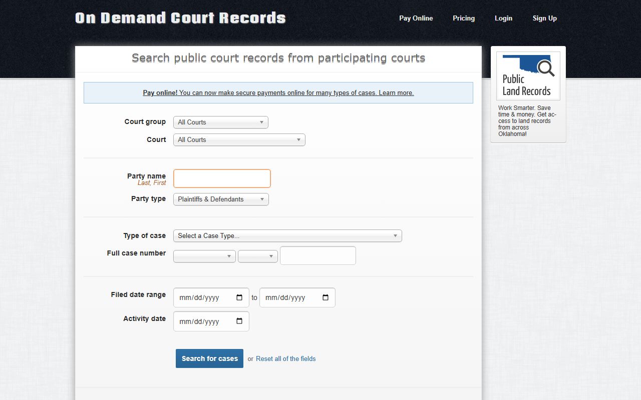 Kiowa County public court records lookup on ODCR
