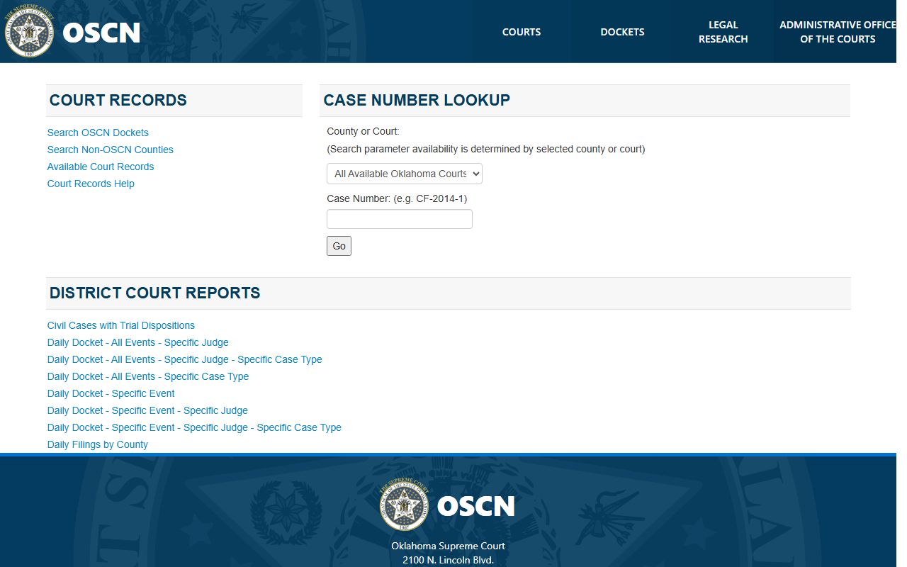 Kiowa County court records search on the OSCN docket page