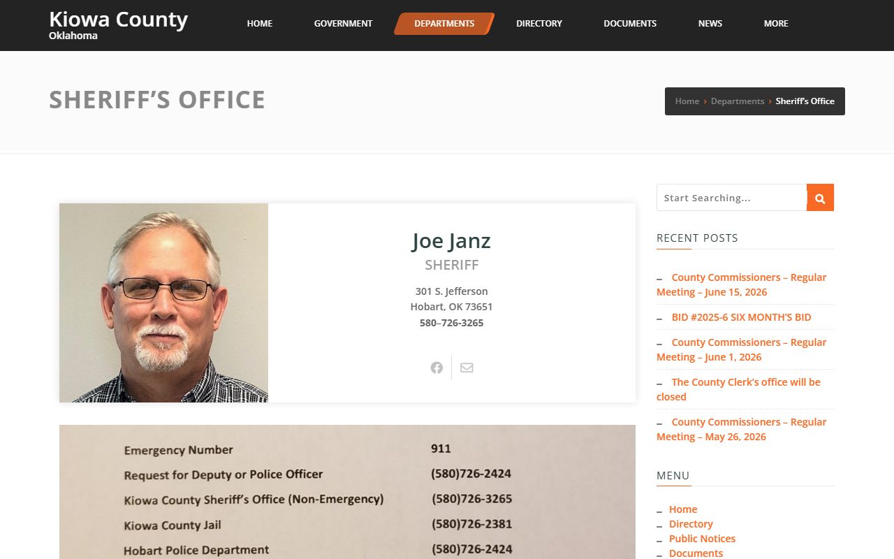 Kiowa County Sheriff department page for jail and arrest records