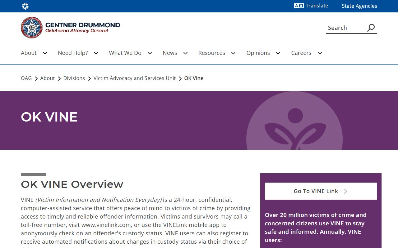 Kiowa County inmate notification options described on the Oklahoma VINE page