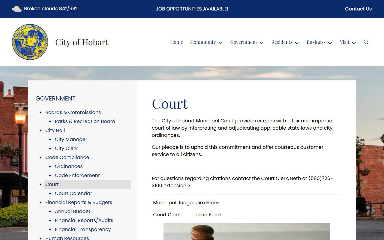 Hobart Municipal Court page for Kiowa County traffic citations